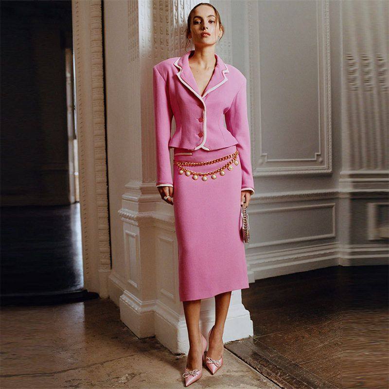 品质2025新款欧美明星时尚白边撞色小西装外套中长半裙套装两件套,女装/女士精品,时尚套装,淘宝优惠券,粉丝福利购,淘宝优惠卷