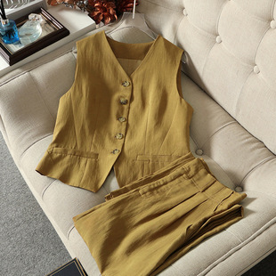 南油女装夏新款真丝老钱风时髦时尚套装女V领无袖马甲高腰直筒裤