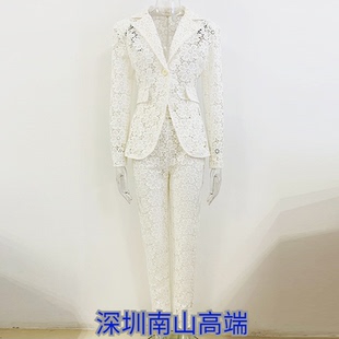 深圳2023新款欧美明星时尚修身水溶蕾丝西装小脚裤套装两件套气质
