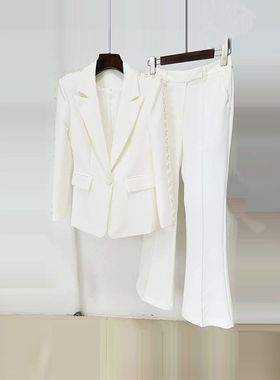 高品质新时尚2025设计师女式白色珍珠装饰单扣运动夹克长裤套装