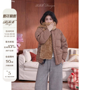 鹅绒服外套 宽松显瘦圆领毛毛围巾撞色格纹保暖长袖 RRB Design