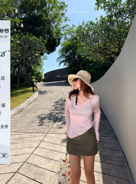RRB Design 莱赛尔羊毛混纺宽松显瘦V领长袖T恤舒适弹力百搭上衣