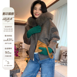 可拆卸狐狸毛极简轻奢羊驼毛混纺连帽拉链外套开衫 RRB Design