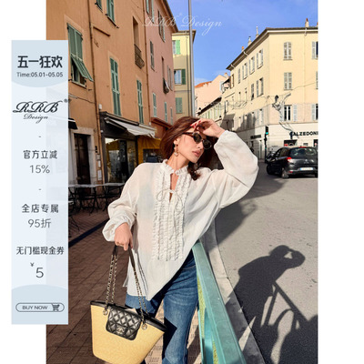 RRB Design 莱赛尔亚麻混纺宽松显瘦V领褶皱花边系带长袖衬衫