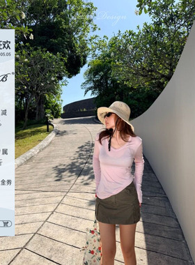 RRB Design 莱赛尔羊毛混纺宽松显瘦V领长袖T恤舒适弹力百搭上衣