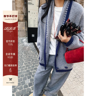RRB Design 100%羊毛慵懒高级轻奢撞色秋冬时尚针织开衫外套