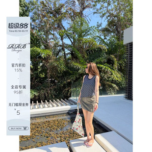 RRB Design 100%棉修身显瘦撞色条纹不规则斜边吊带背心无袖上衣