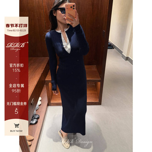 RRB Design 羊毛混纺修身弹力显瘦拼接假两件长袖优雅针织长裙