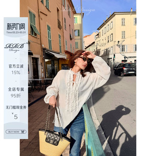 衬衫 莱赛尔亚麻混纺宽松显瘦V领褶皱花边系带长袖 Design RRB