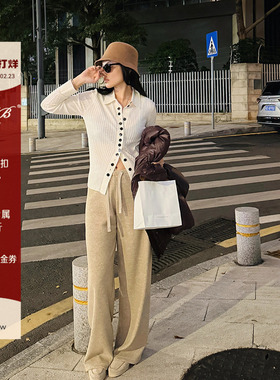 RRB Design 一片式宽松百搭显瘦松紧腰系带垂感休闲加厚直筒裤