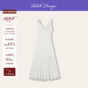 RRB Design「佛罗伦萨」亚麻拼接绣花蕾丝修身显瘦镂空无袖连衣裙