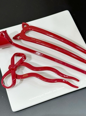 韩国进口France 小金标红色醋酸蝴蝶结U型发簪女高级感丸子头发饰