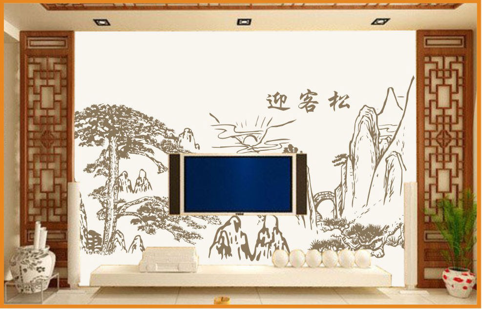 迎客松镂空模具液体版电视背景墙