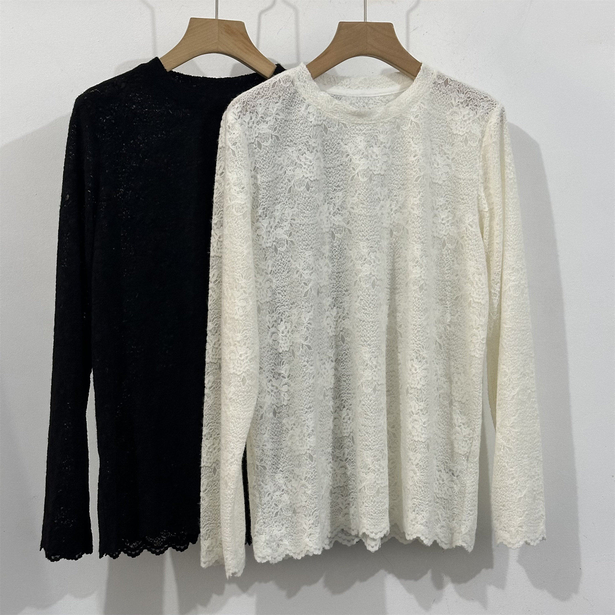 韩代订单款圆领镂空蕾丝钩花打底衫女通勤百搭长袖套头上衣2025冬