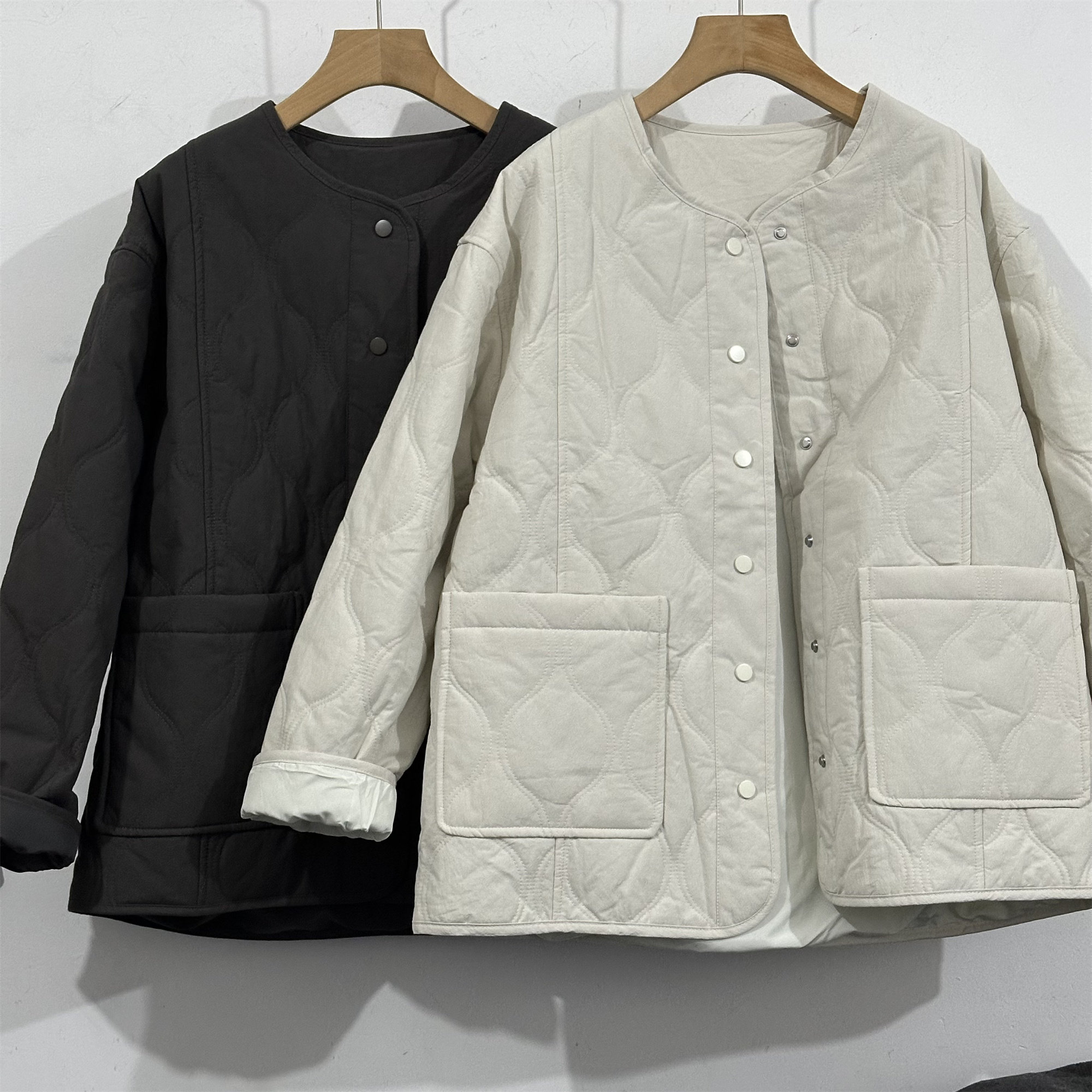 韩代订单款宽松慵懒圆领菱格棉服女2025秋冬简约休闲百搭夹棉外套