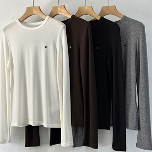 韩代订单莱赛尔羊毛刺绣爱心长袖打底衫女2025秋冬新日常内搭T恤