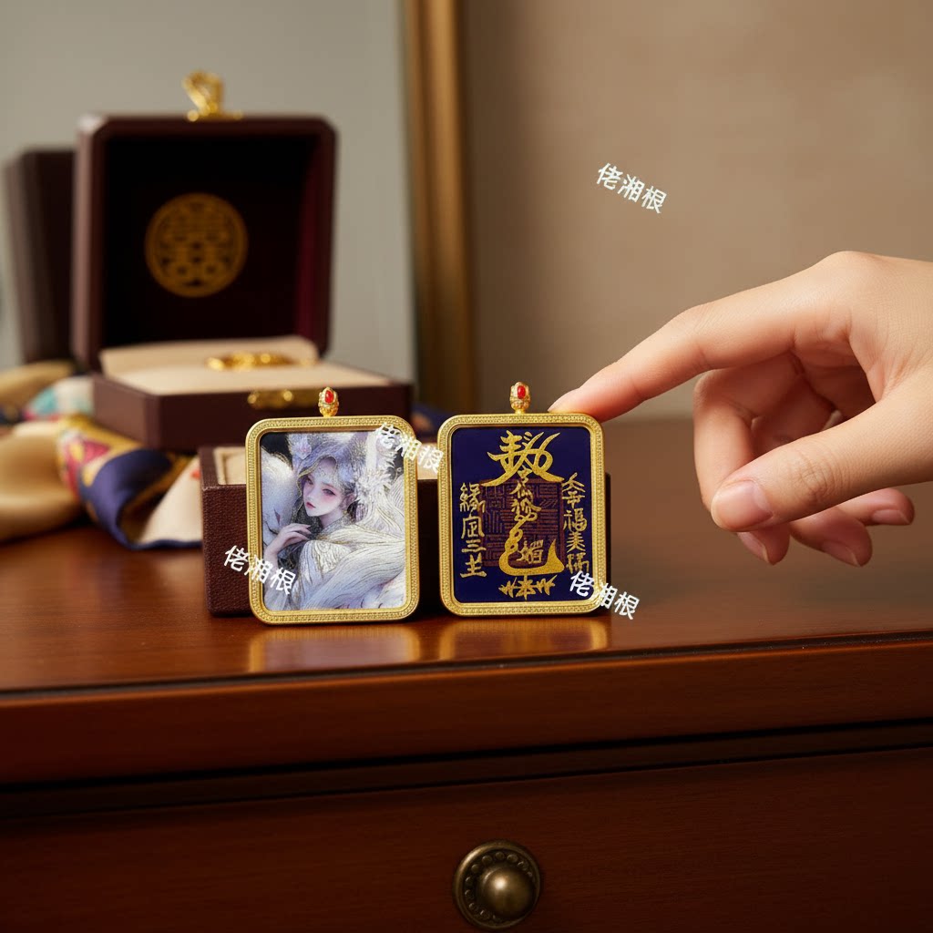 纯手绘仙狐唐卡吊坠双面方牌