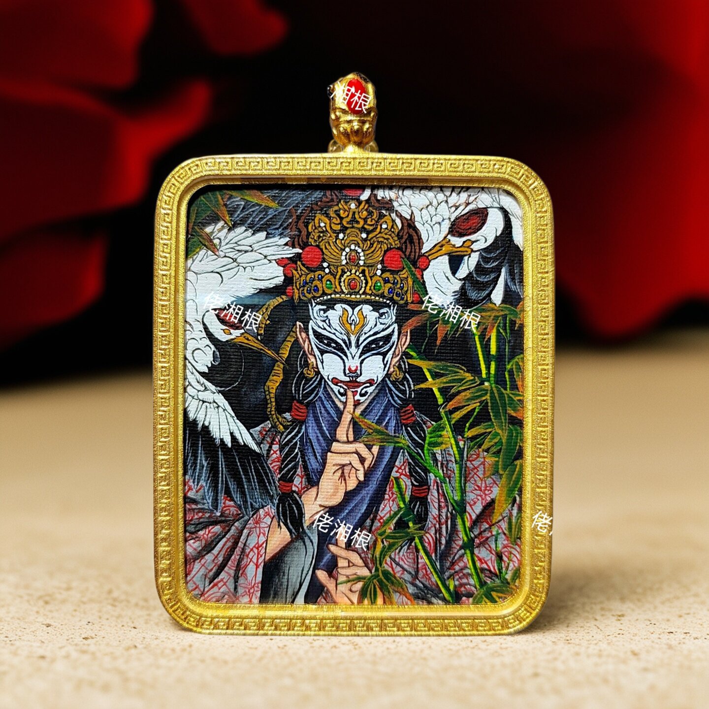 纯手绘【白鹤童子】唐卡吊坠双面道牌挂坠新春年货节挂件礼盒定制