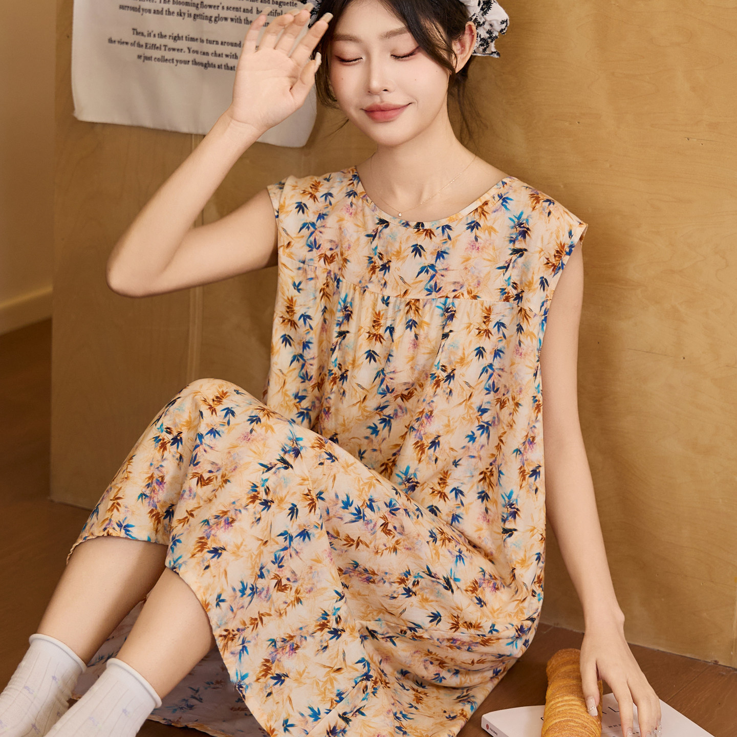 夏季莱赛尔棉绸无袖印花裙薄款加大公主睡裙睡衣韩版宽松家居服裙