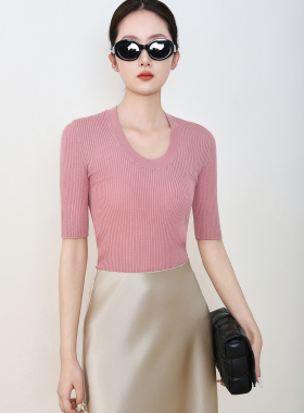 2025春季新款短袖上衣针织衫打底衫中袖薄高级感半袖U领羊毛衫女