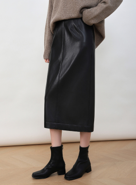 Mooelpom2025秋冬环保皮立体分割高腰显瘦直筒开衩包臀中长皮半裙
