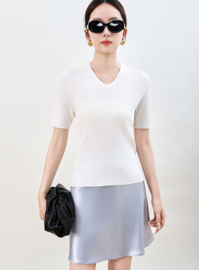 Mooelpom夏无缝一体全羊毛针织衫修身套头纯色T恤短袖女百搭显瘦