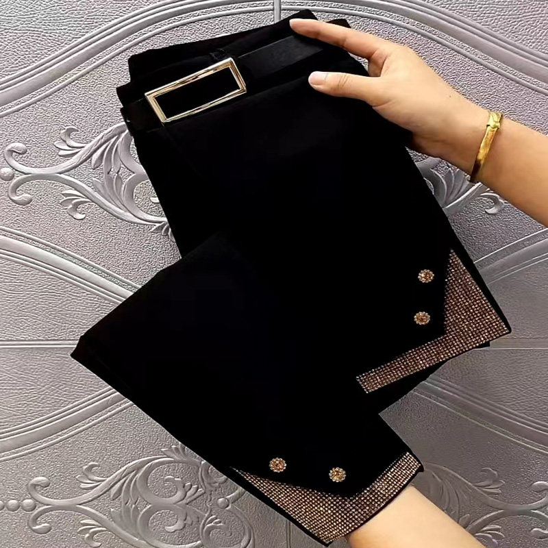 高腰显瘦烫钻休闲西裤女2023秋季新款弹力修身金属扣九分直筒裤,女装/女士精品,休闲裤,淘宝优惠券,粉丝福利购,淘宝优惠卷