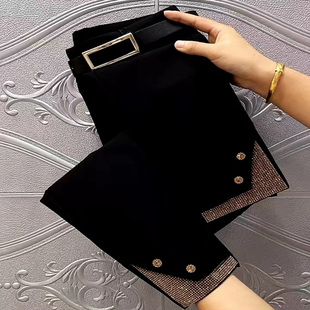 高腰显瘦烫钻休闲西裤女2023秋季新款弹力修身金属扣九分直筒裤