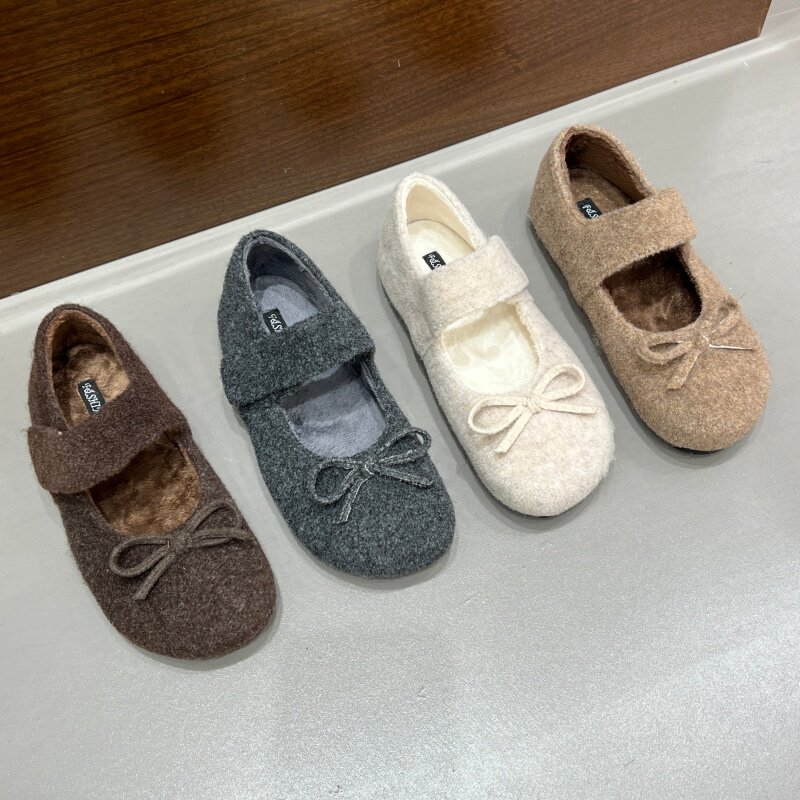 十三行女鞋实拍加绒玛丽珍鞋勃肯鞋女新品加绒蝴蝶结单鞋毛毛棉鞋