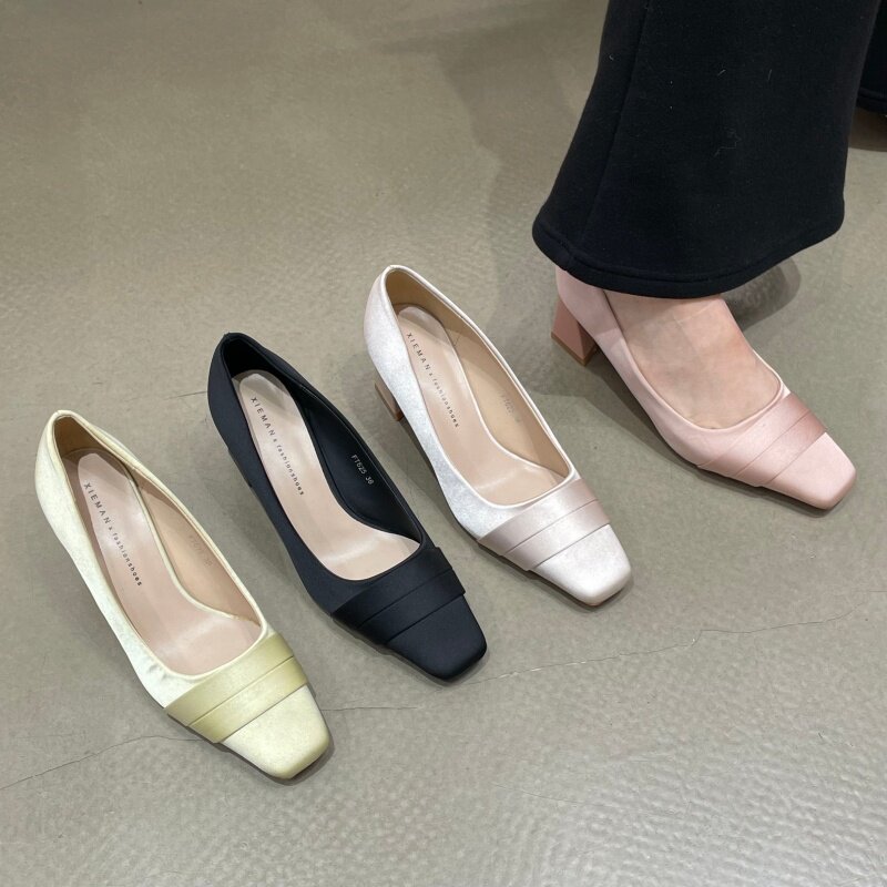 十三行女鞋实拍法式名媛绸缎高跟日常百搭粗跟方头气质单鞋不累脚