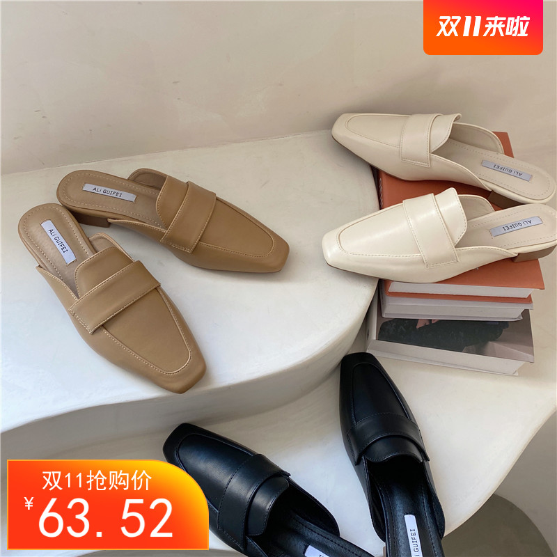 低新款黑色跟半拖鞋小方头套脚包头女鞋拖软底舒适 穆勒鞋居家拖