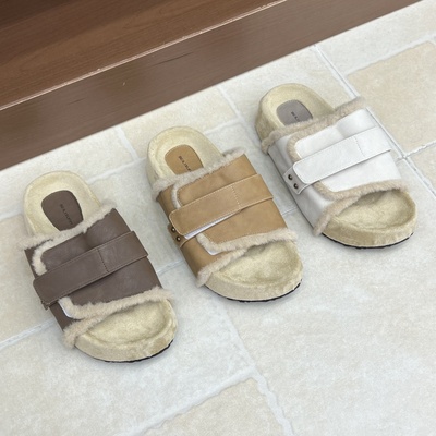 十三行女鞋实拍秋冬毛毛鞋小众设计高级厚底外穿复古皮带扣棉拖鞋
