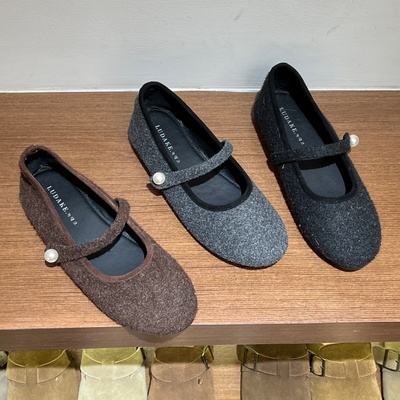 十三行女鞋实拍法式一字带玛丽珍女秋冬小口圆头呢子灰色单鞋子
