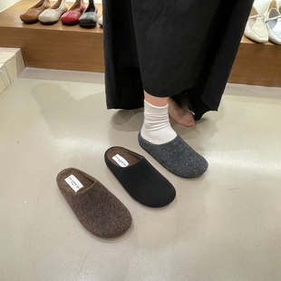 女厚底勃肯鞋 平底慵懒风毛呢包头半拖鞋 实拍加绒法式 十三行女鞋