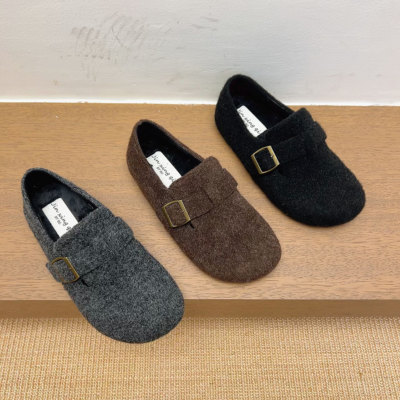 十三行女鞋实拍森系复古加绒毛呢勃肯鞋女软包软底单鞋乐福鞋