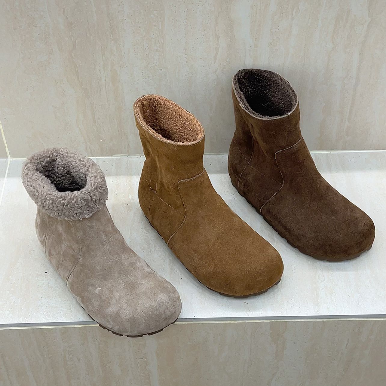 十三行女鞋实拍加绒韩版复古套筒博肯靴女新款圆头厚底短筒瘦瘦靴