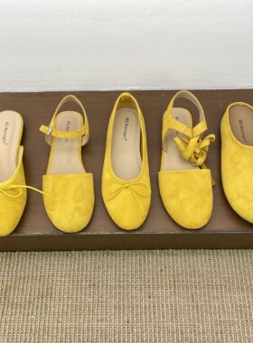 十三行女鞋实拍黄色系列法式温柔晚晚风蝴蝶结平底复古芭蕾鞋瓢鞋