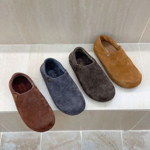 女磨砂真皮勃肯鞋 十三行女鞋 实拍加绒内增高4CM暖圆头踏跟单鞋