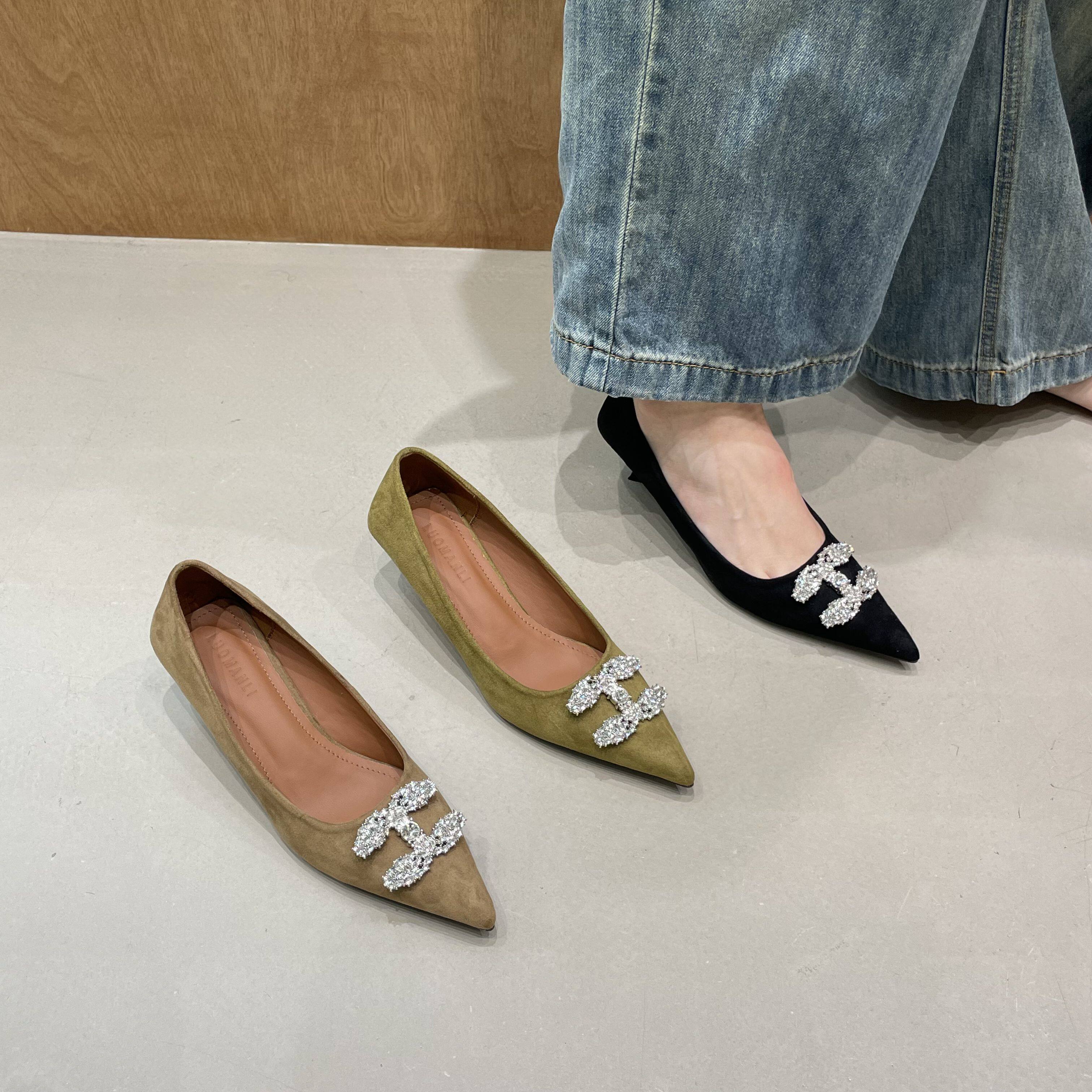 十三行女鞋实拍黑色尖头浅口低跟高跟鞋水钻金丝绒早秋单鞋工作鞋