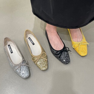 十三行女鞋实拍韩版仙女闪闪蝴蝶结2026小香风亮片小众软底芭蕾鞋
