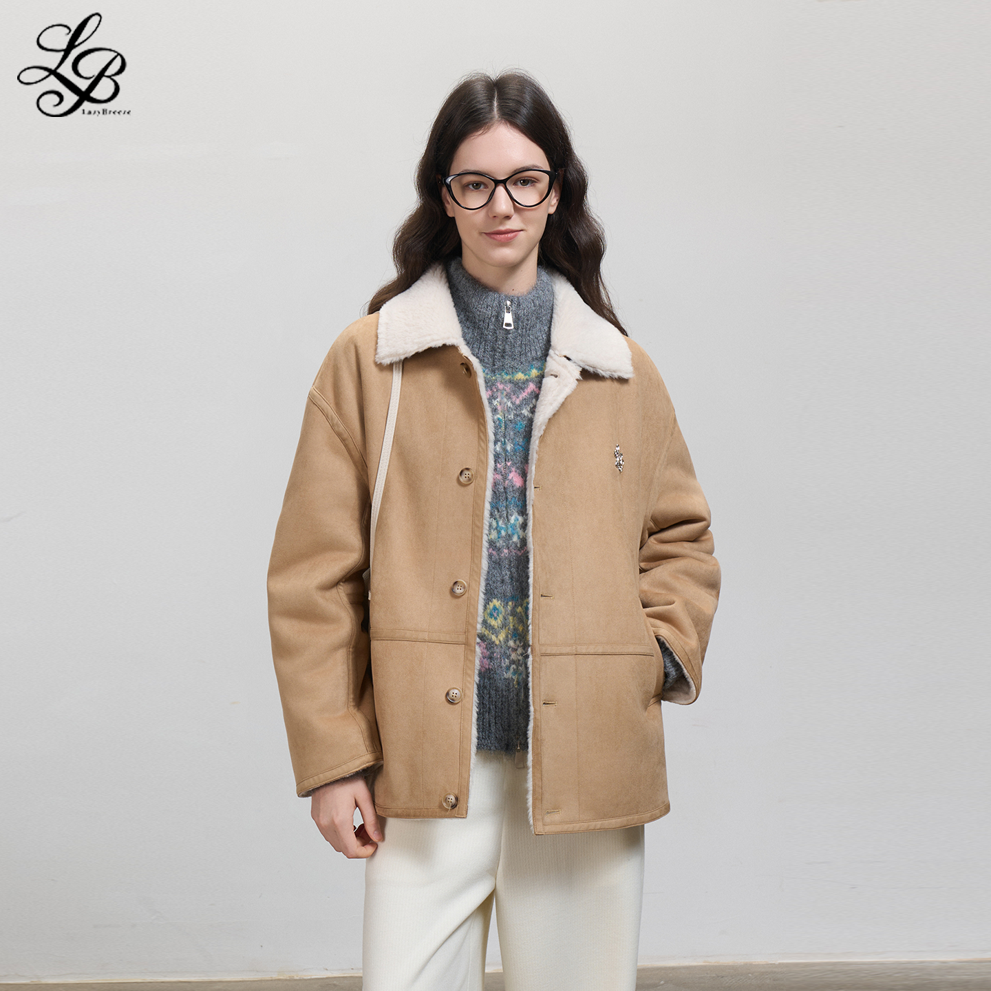 LazyBreeze25冬季复古高品质麂皮绒撞色翻毛领长袖保暖外套上衣女