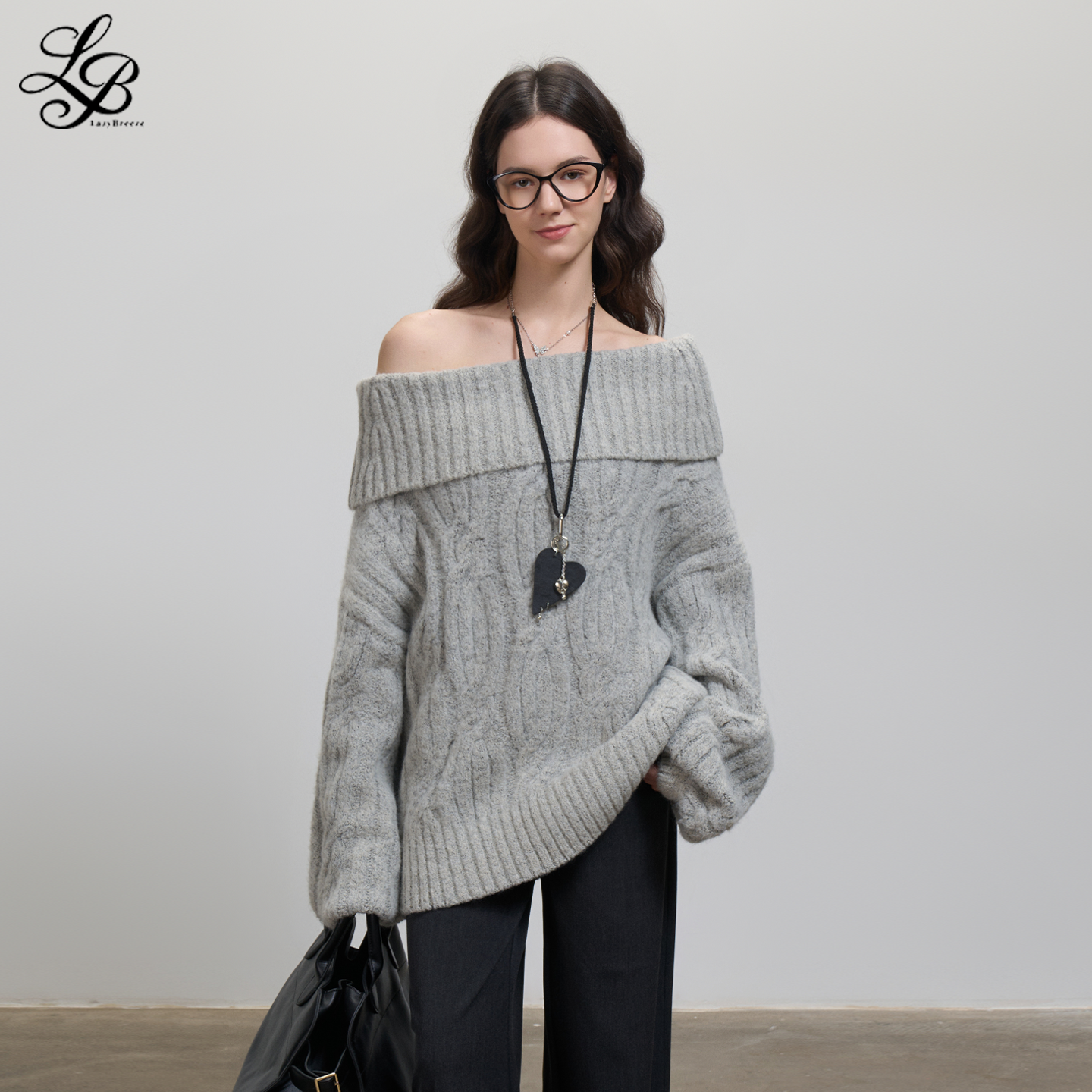 LazyBreeze慵懒风宽松百搭上衣一字领法式高级感麻花麻花毛衣女