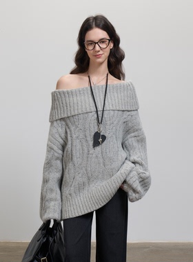 LazyBreeze慵懒风宽松百搭上衣一字领法式高级感麻花麻花毛衣女