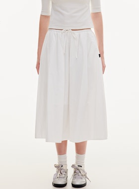 LazyBreeze秋季新款气质休闲白色中长裙女抽绳透气A字半身裙