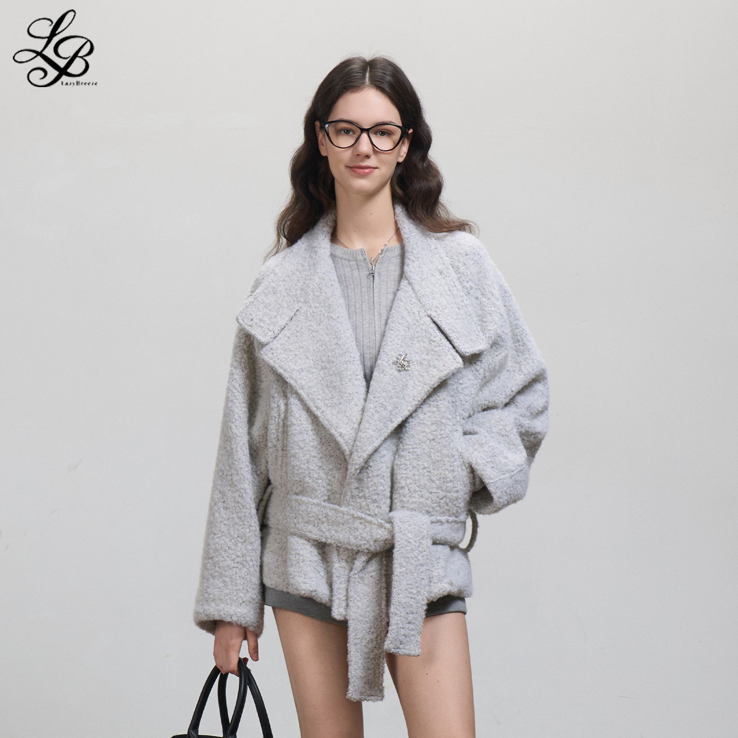 LazyBreeze冬季新款高级灰保暖上衣羊毛立领绑带毛呢外套女