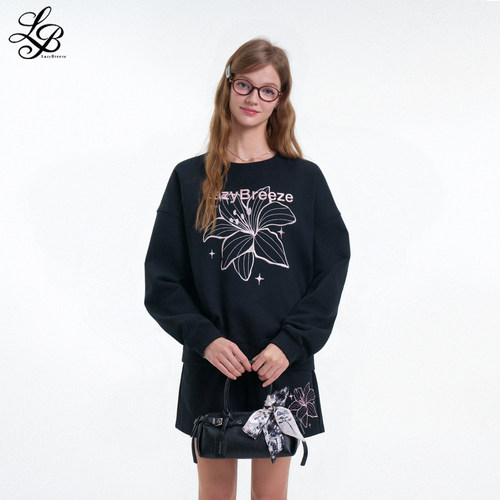 LazyBreeze春季新款休闲学院风经典刺绣宽松卫衣运动短裤套装女