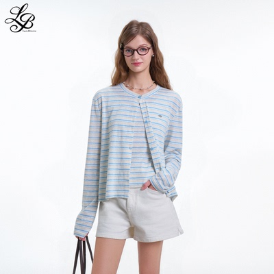 LazyBreeze春季新款条纹针织长袖T恤开衫清纯少女感吊带女两件套