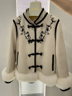 麂皮绒狐狸毛鹅绒羽绒服女盘扣新中式黑色长59