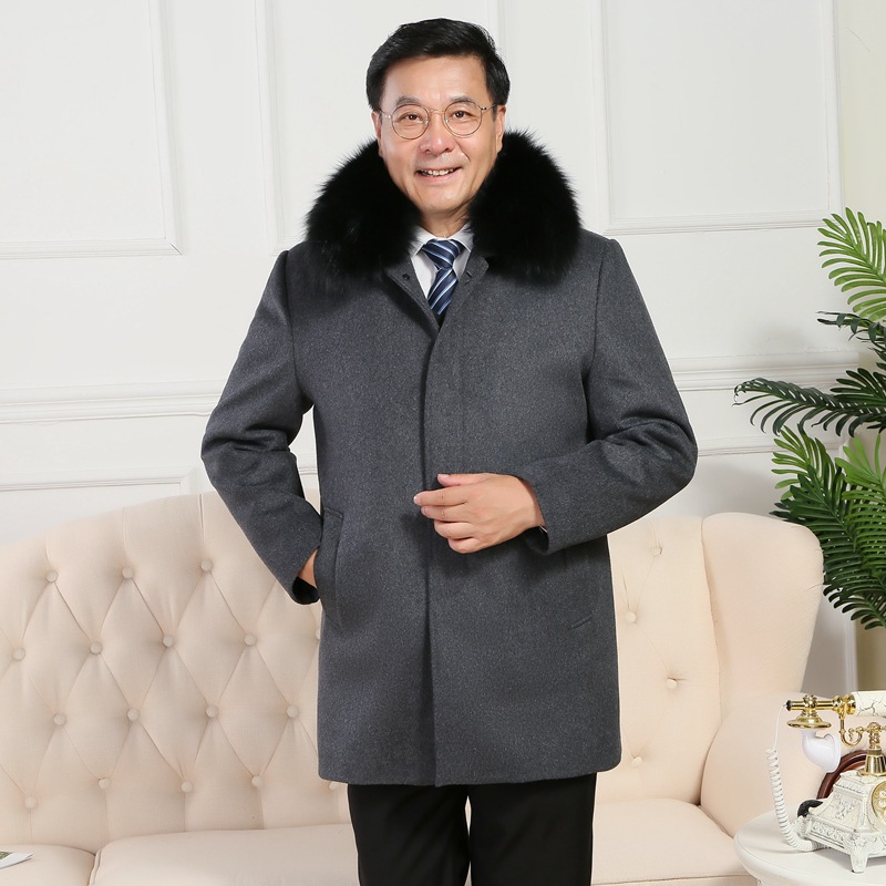 冬季中年男士加绒毛呢大衣外套大毛领休闲呢子大衣爸爸装