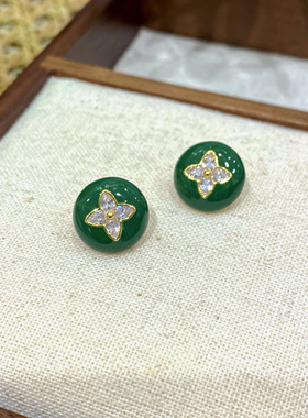 花朵几何圆形耳钉女ins风洋气质耳环港风复古耳饰品925银针绿色